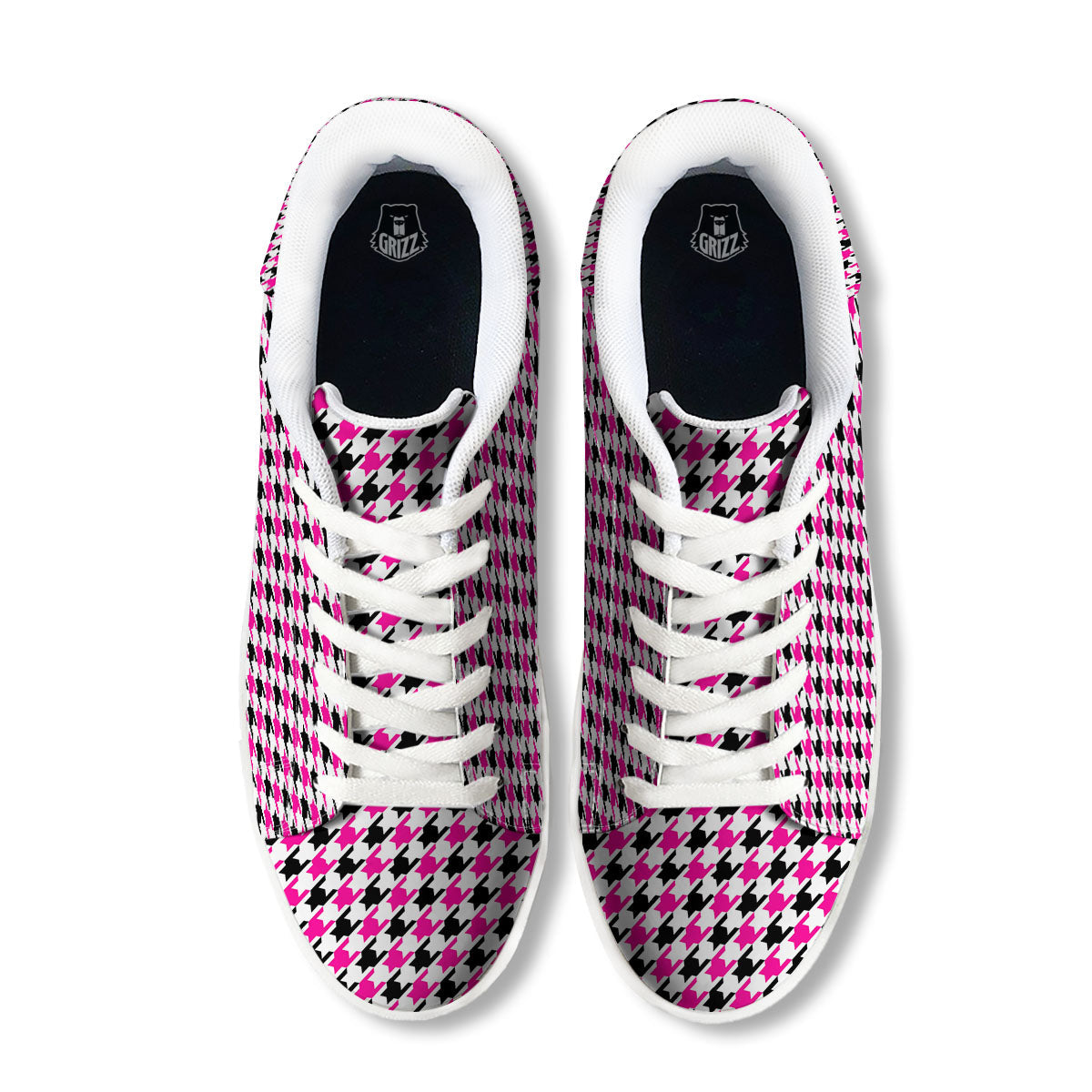 White Pink And Black Houndstooth Print White Low Top Sneakers-grizzshop