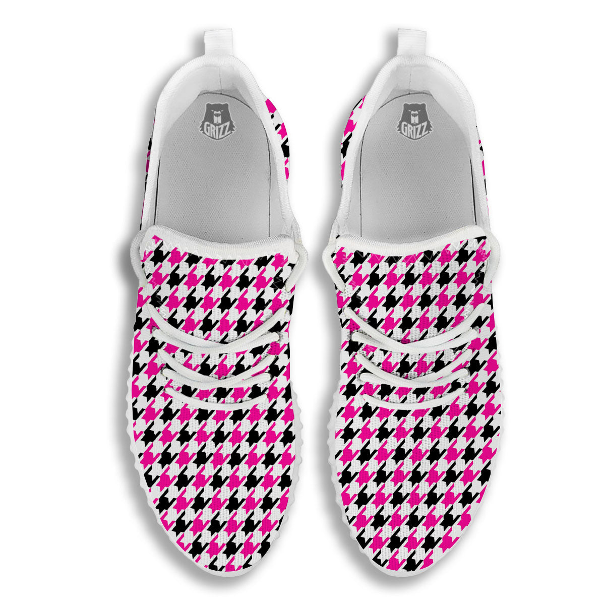 White Pink And Black Houndstooth Print White Walking Shoes-grizzshop