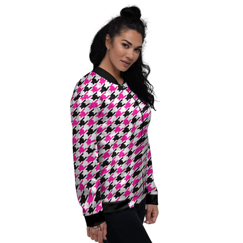 White Pink And Black Houndstooth Print Women's Bomber Jacket-grizzshop