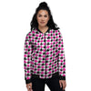 White Pink And Black Houndstooth Print Women's Bomber Jacket-grizzshop