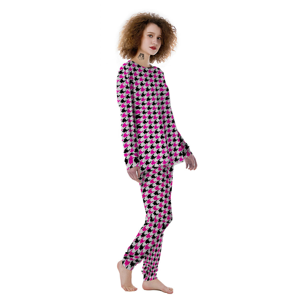 White Pink And Black Houndstooth Print Women's Pajamas-grizzshop