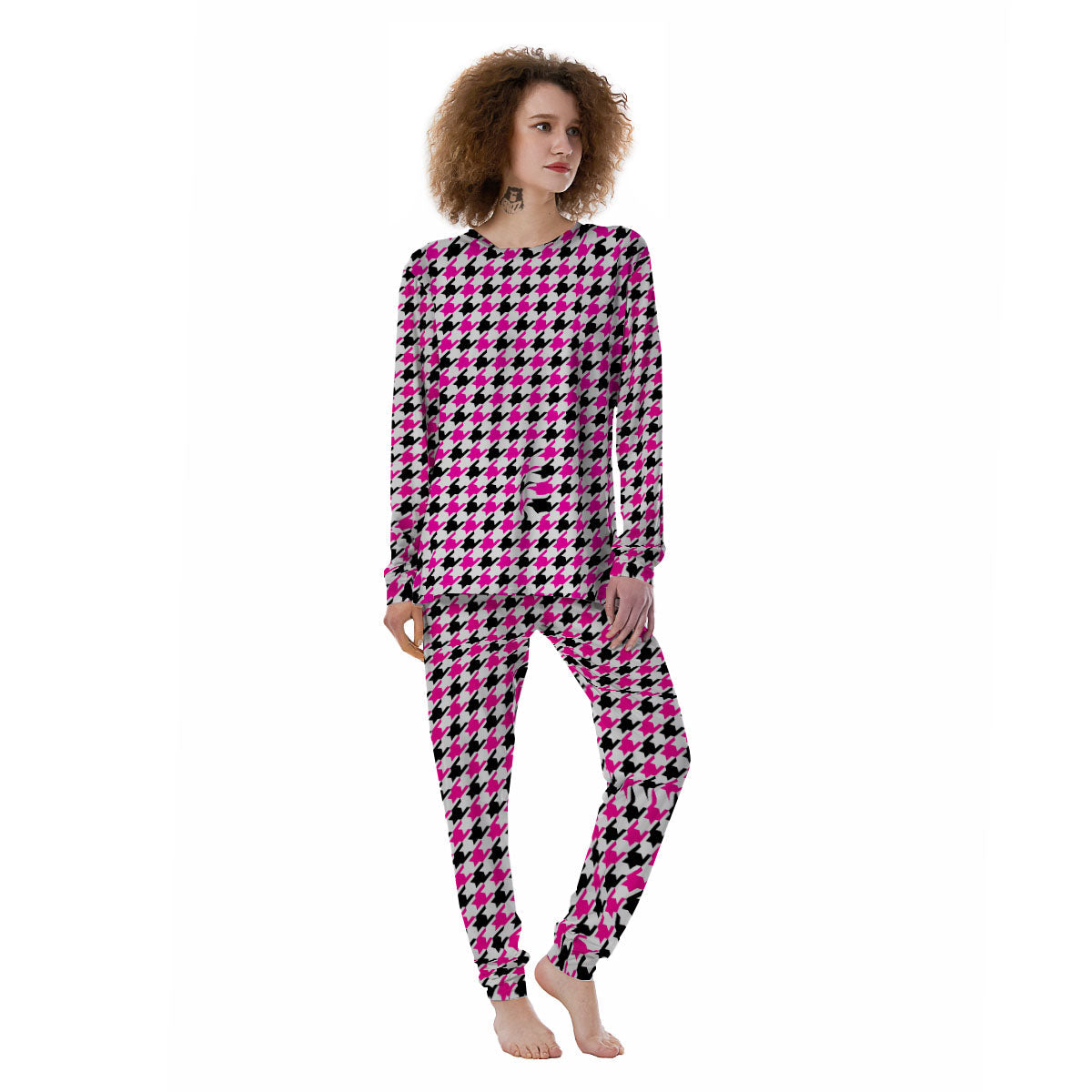 White Pink And Black Houndstooth Print Women's Pajamas-grizzshop