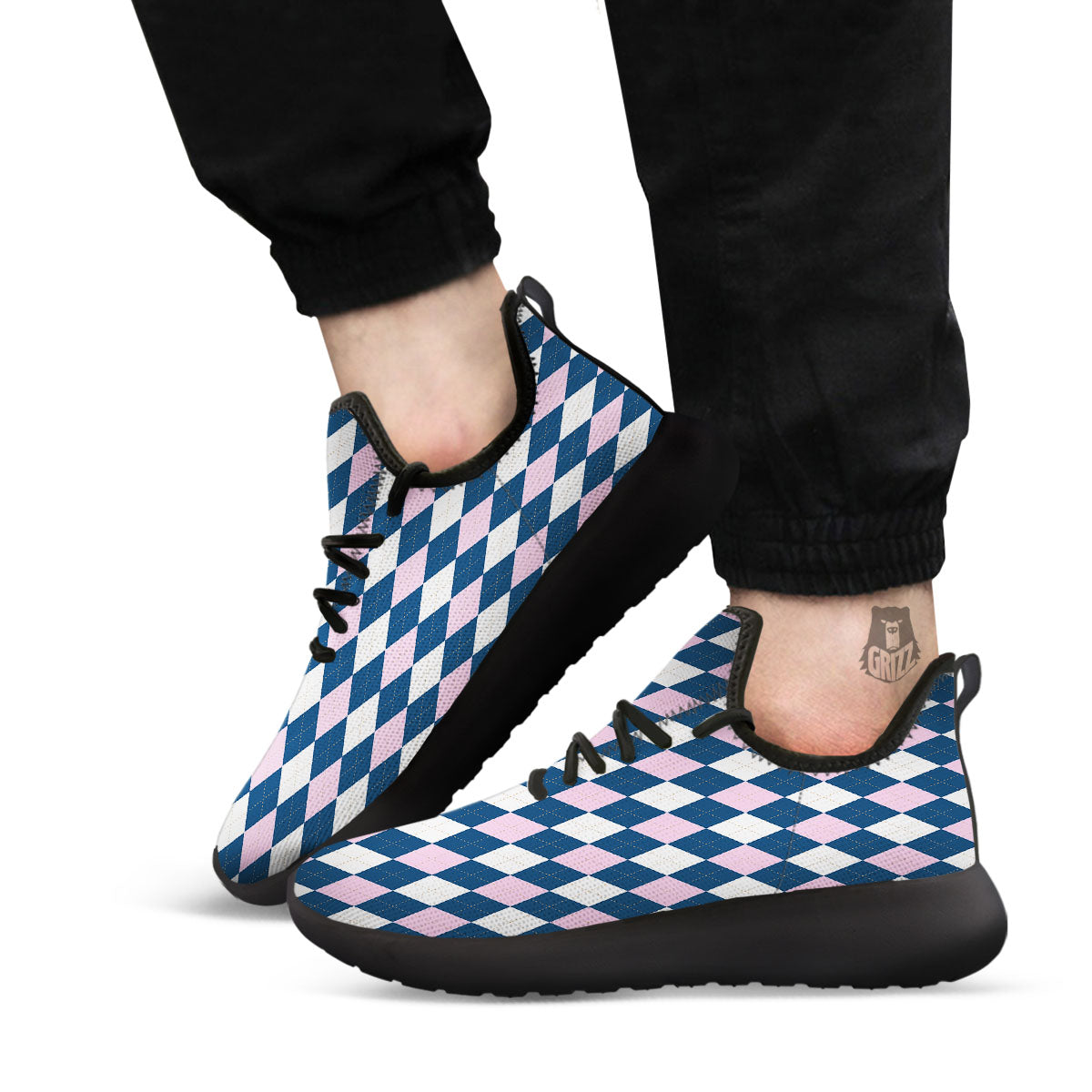 White Pink And Blue Argyle Print Pattern Black Athletic Shoes-grizzshop