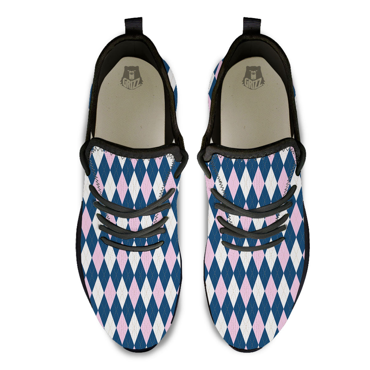 White Pink And Blue Argyle Print Pattern Black Athletic Shoes-grizzshop