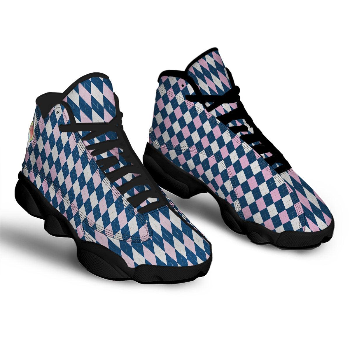 White Pink And Blue Argyle Print Pattern Black Basketball Shoes-grizzshop