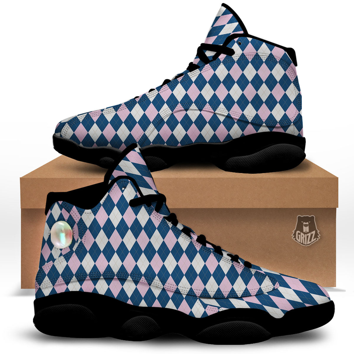 White Pink And Blue Argyle Print Pattern Black Basketball Shoes-grizzshop