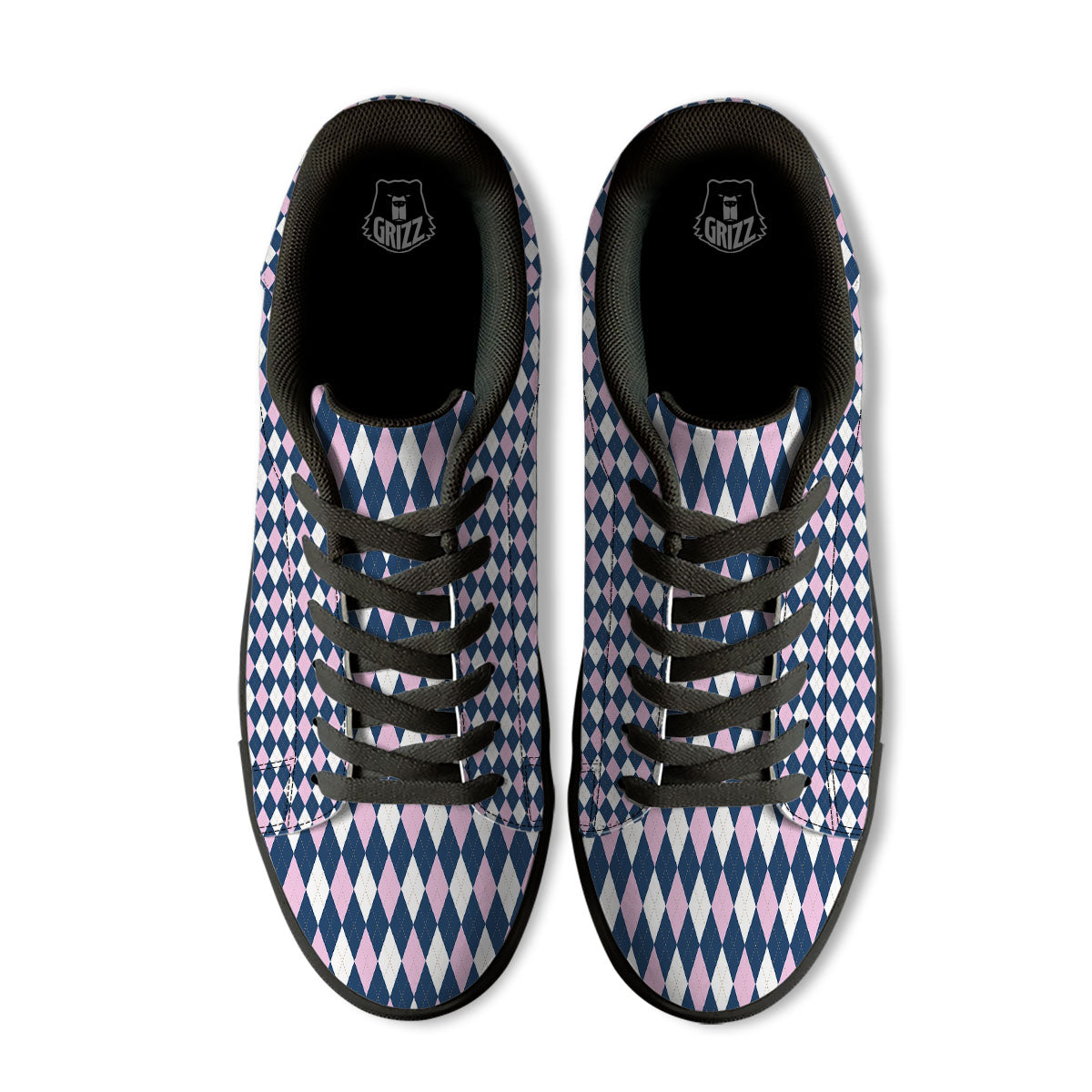 White Pink And Blue Argyle Print Pattern Black Low Top Sneakers-grizzshop