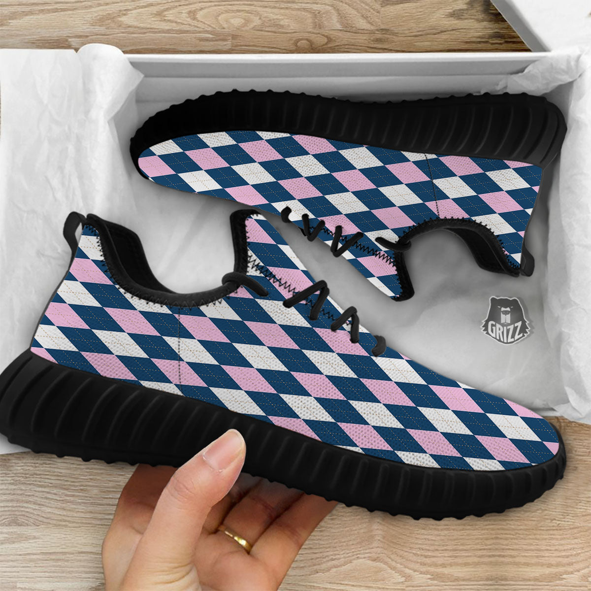 White Pink And Blue Argyle Print Pattern Black Walking Shoes-grizzshop