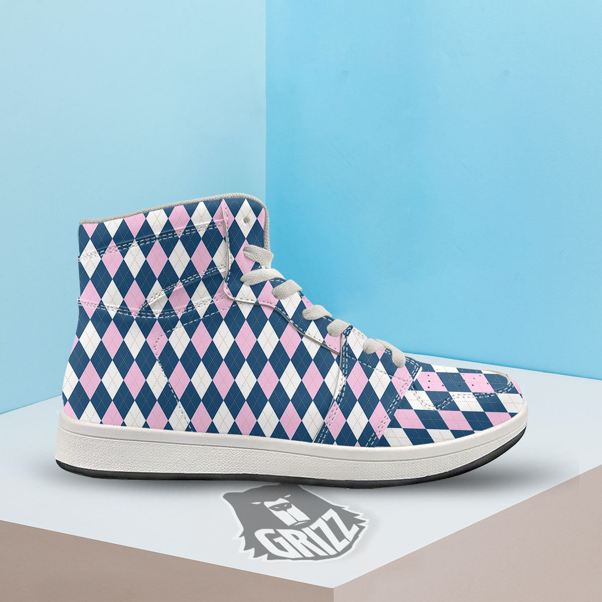 White Pink And Blue Argyle Print Pattern High Top Sneakers-grizzshop