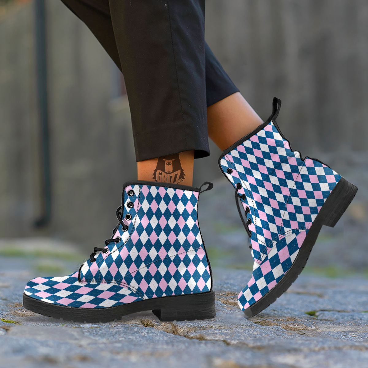 White Pink And Blue Argyle Print Pattern Leather Boots-grizzshop