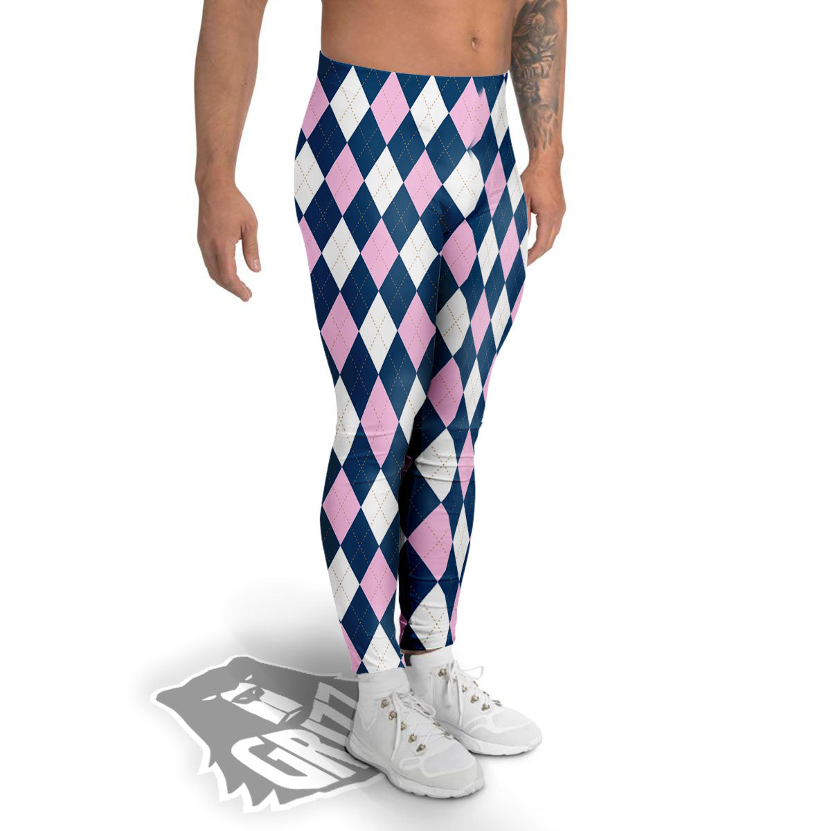 White Pink And Blue Argyle Print Pattern Men's Leggings-grizzshop