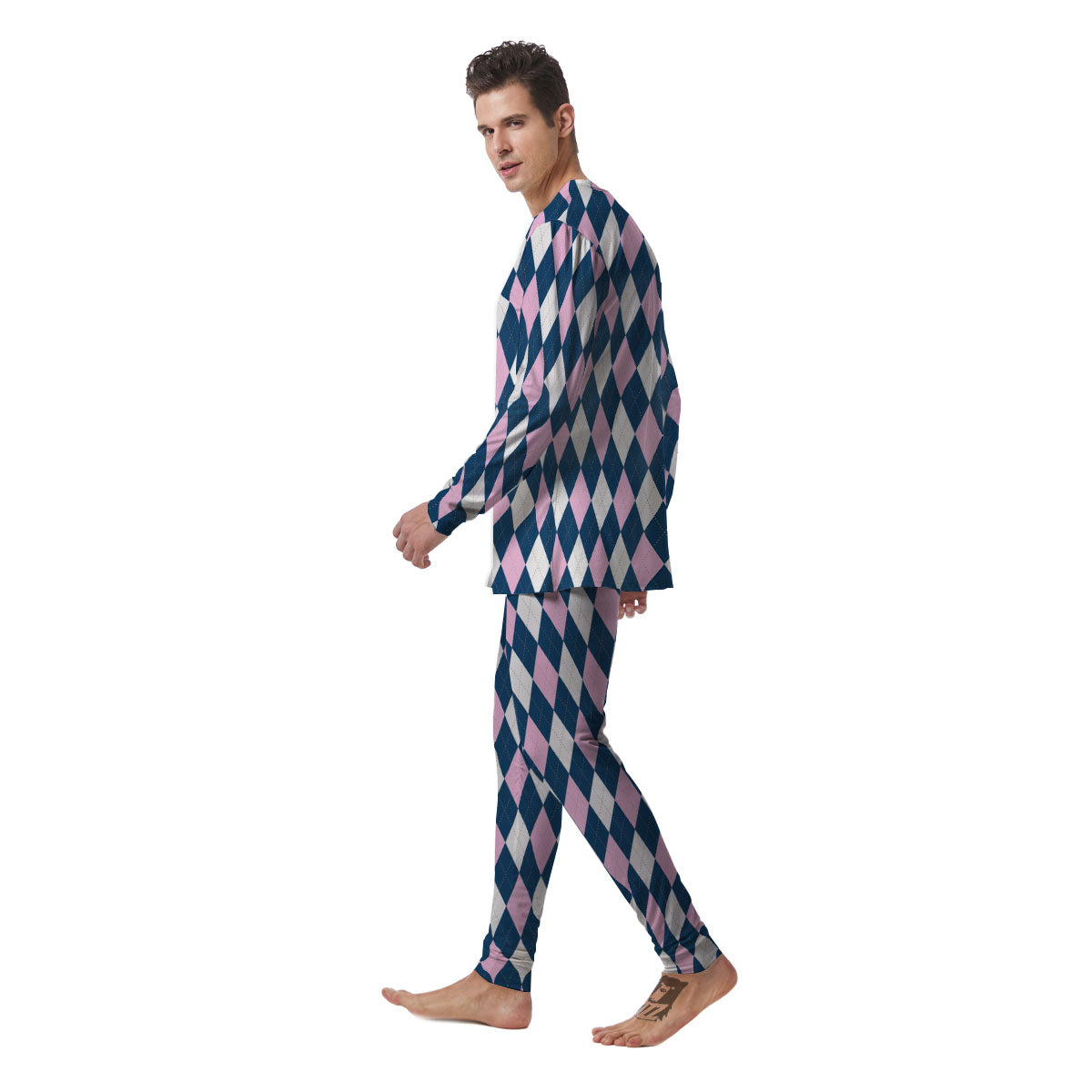 White Pink And Blue Argyle Print Pattern Men's Pajamas-grizzshop