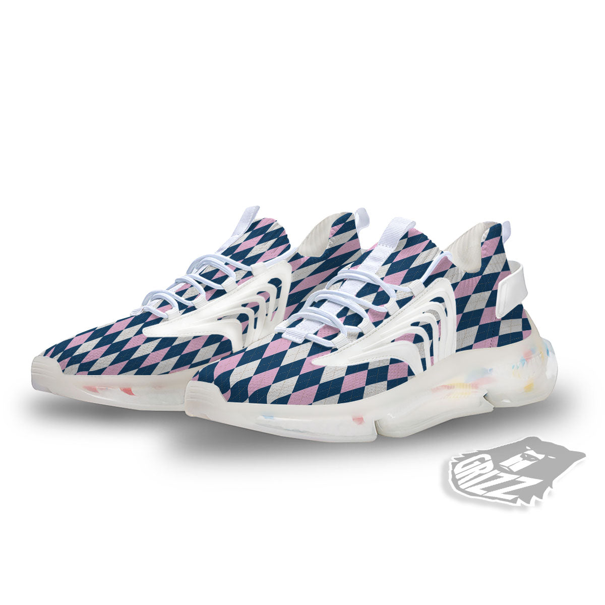 White Pink And Blue Argyle Print Pattern White Gym Shoes-grizzshop