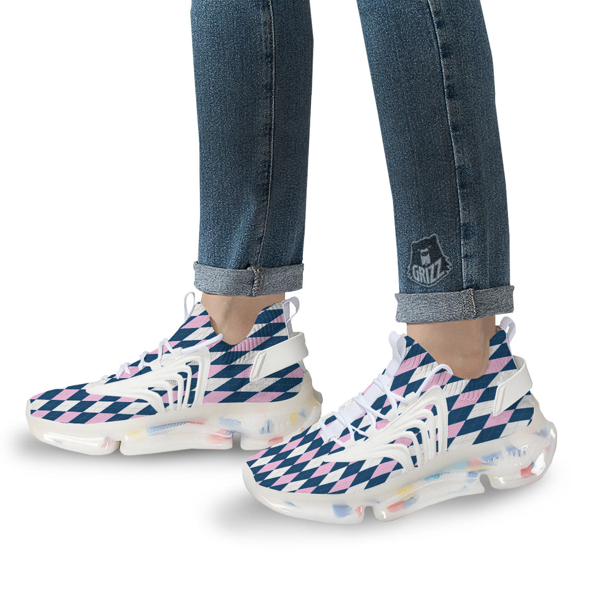 White Pink And Blue Argyle Print Pattern White Gym Shoes-grizzshop