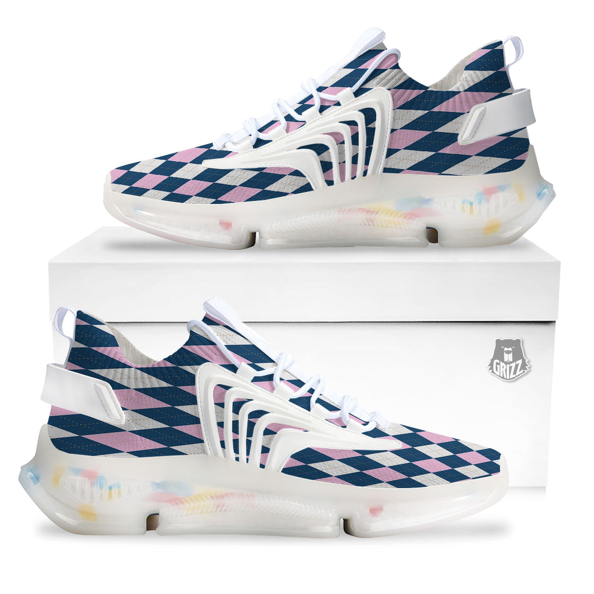 White Pink And Blue Argyle Print Pattern White Gym Shoes-grizzshop
