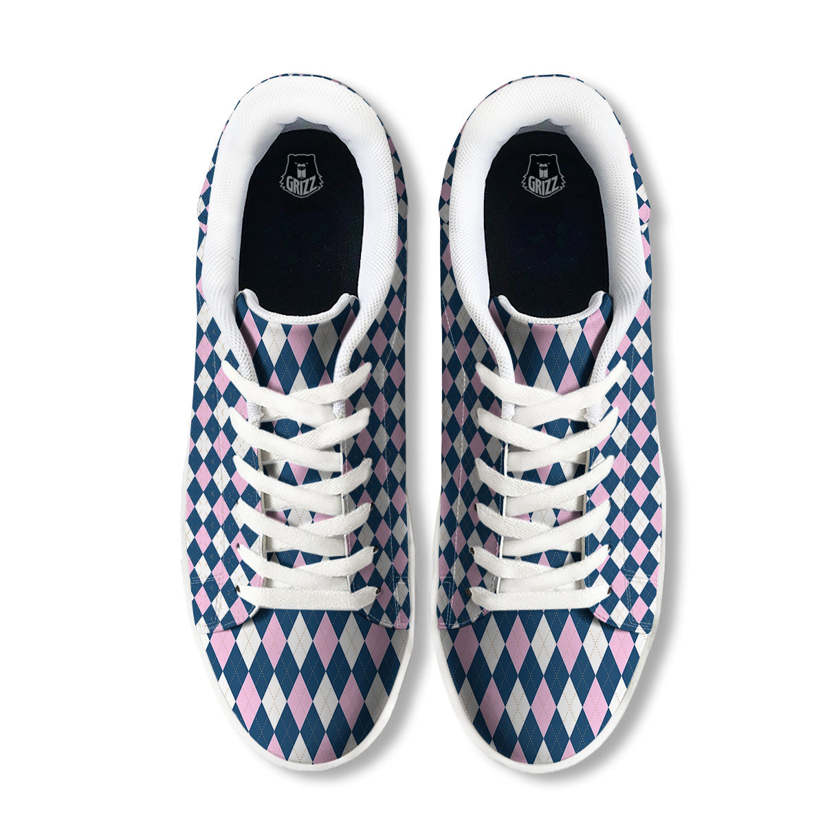White Pink And Blue Argyle Print Pattern White Low Top Sneakers-grizzshop