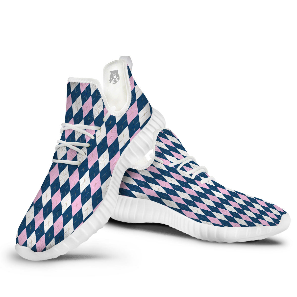 White Pink And Blue Argyle Print Pattern White Walking Shoes-grizzshop