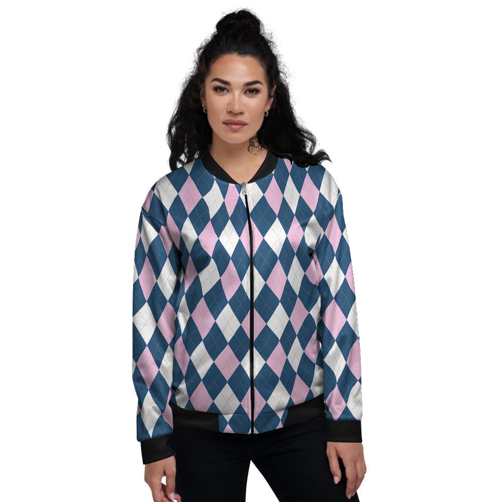 White Pink And Blue Argyle Print Pattern Women's Bomber Jacket-grizzshop