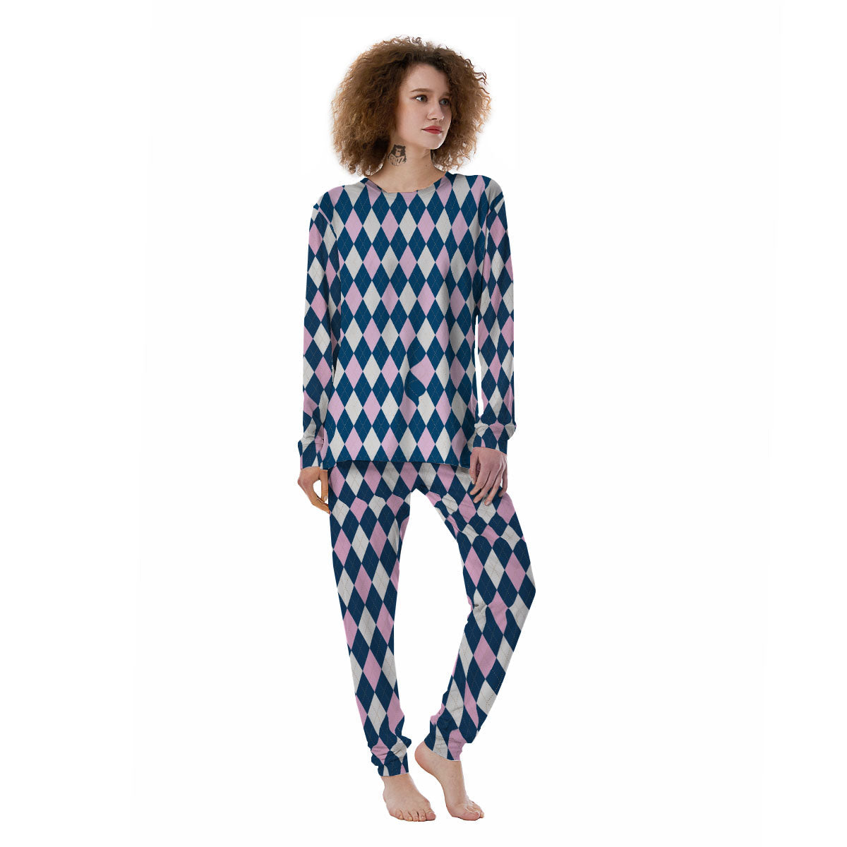 White Pink And Blue Argyle Print Pattern Women's Pajamas-grizzshop