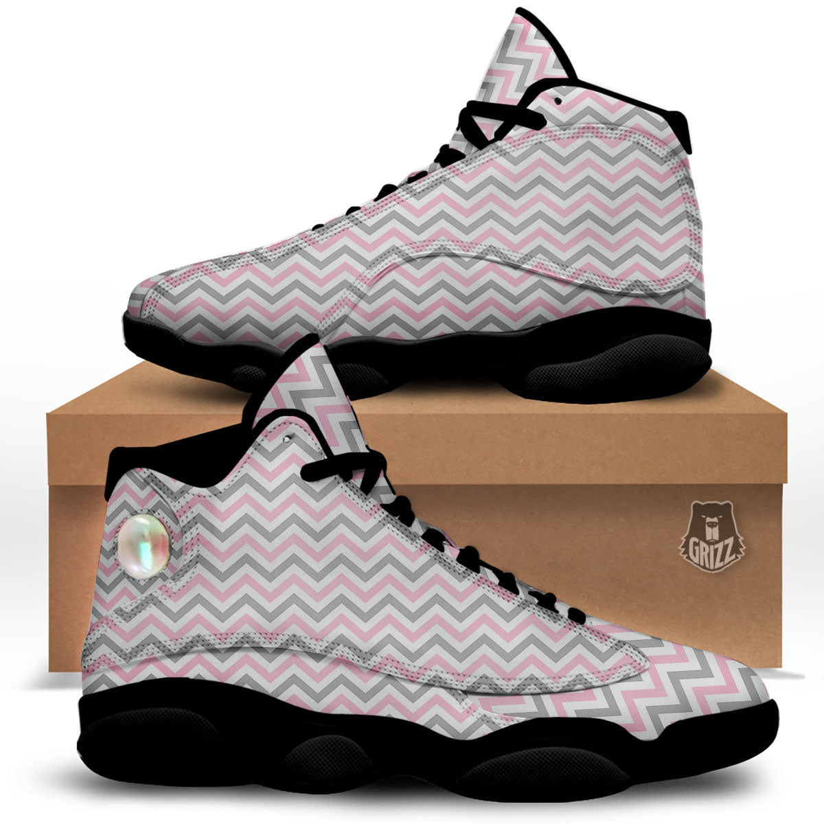 White Pink And Grey Chevron Print Black Basketball Shoes-grizzshop