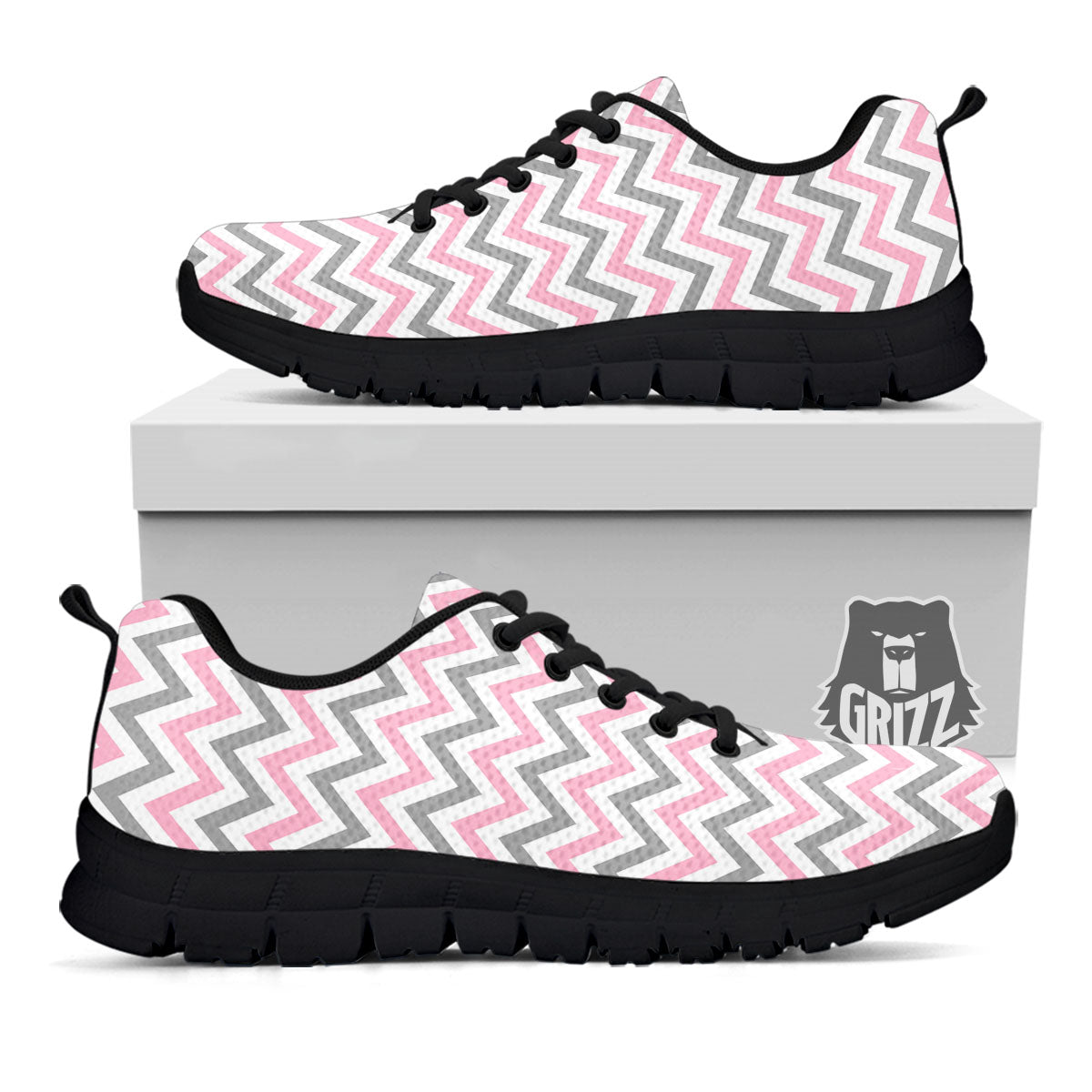 White Pink And Grey Chevron Print Black Sneaker-grizzshop