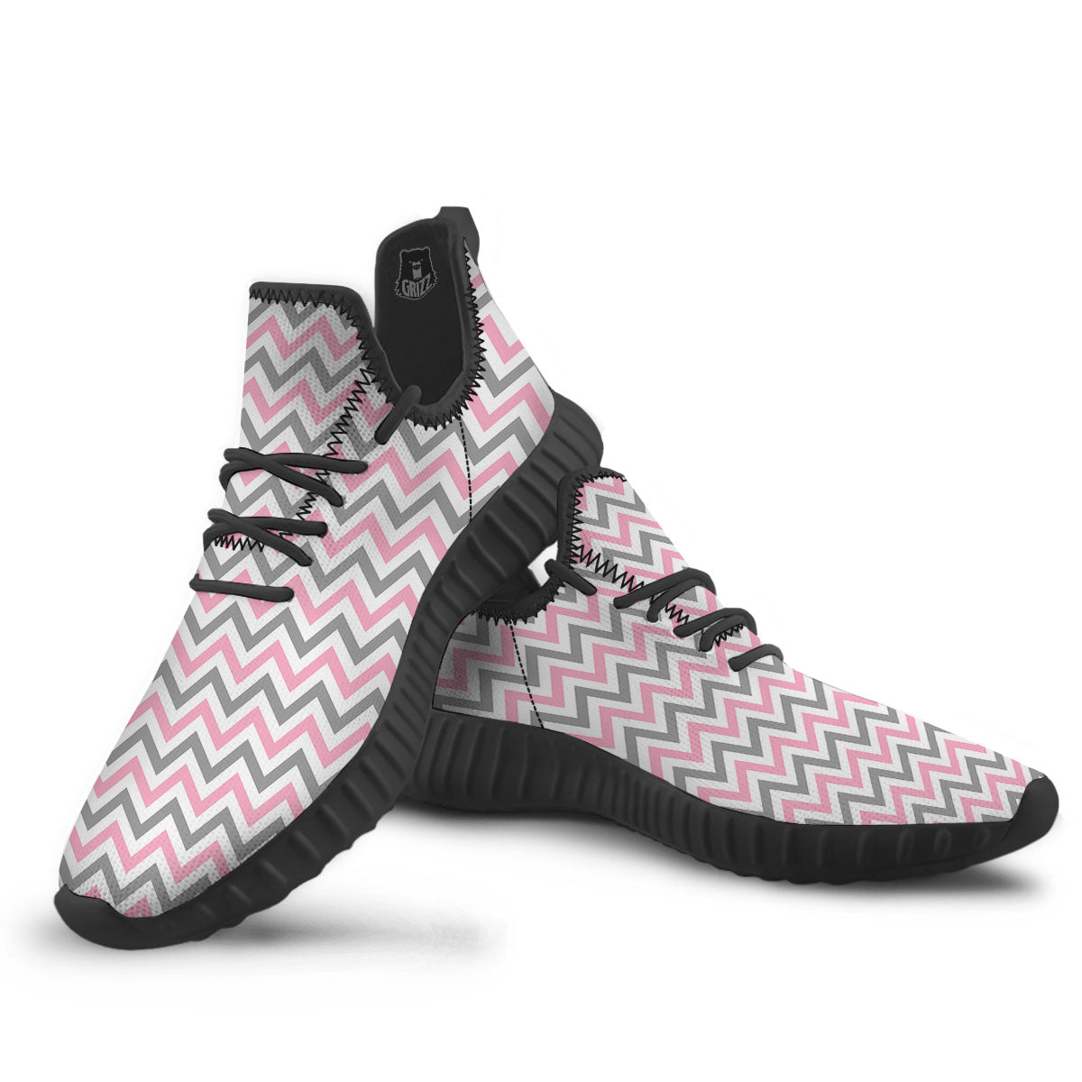 White Pink And Grey Chevron Print Black Walking Shoes-grizzshop