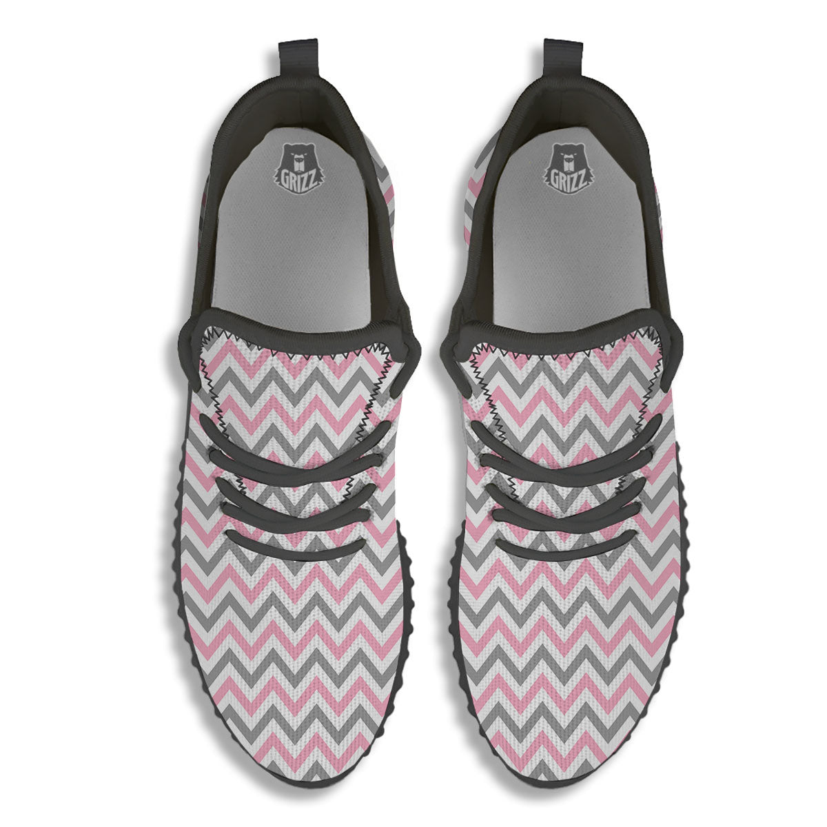 White Pink And Grey Chevron Print Black Walking Shoes-grizzshop