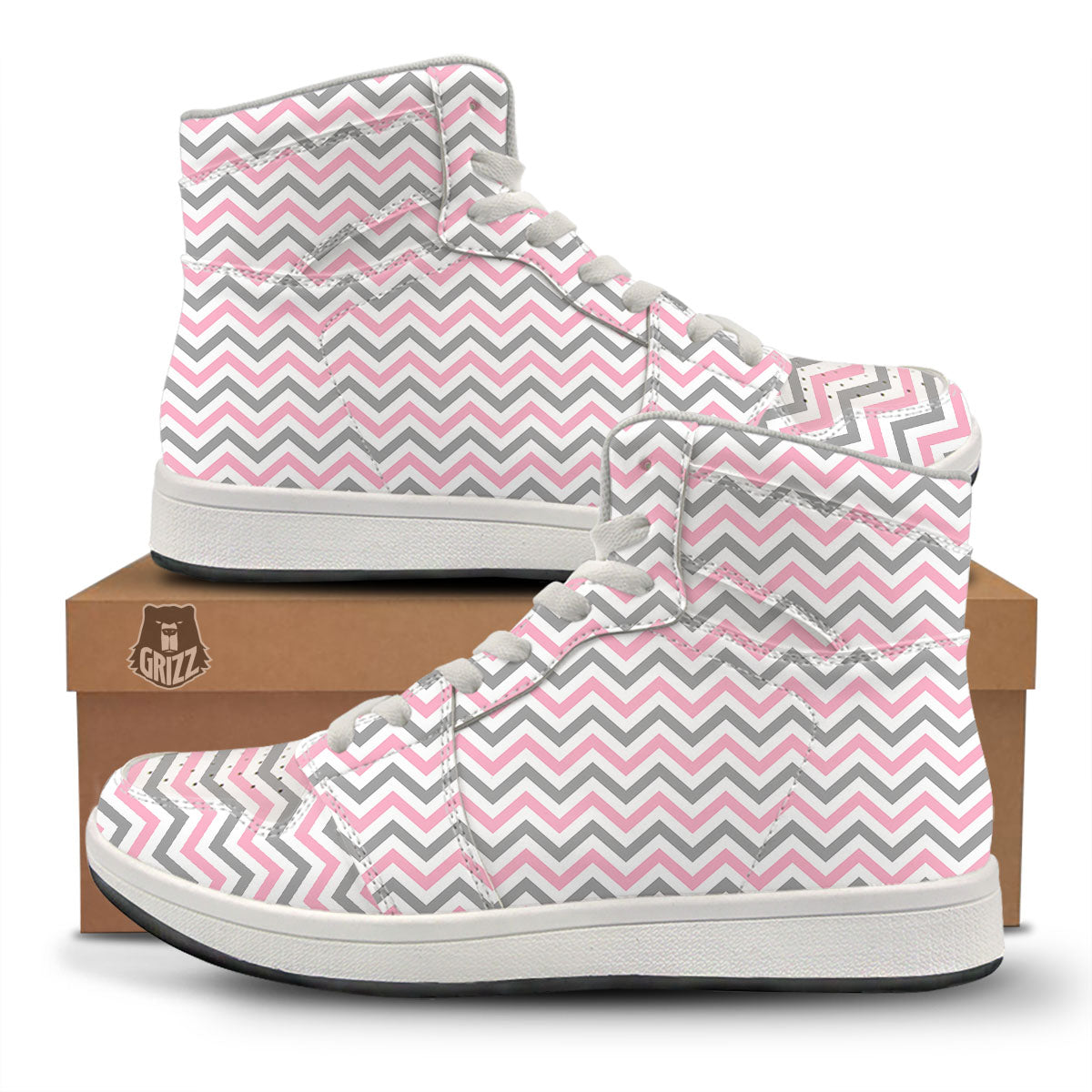 White Pink And Grey Chevron Print High Top Sneakers-grizzshop