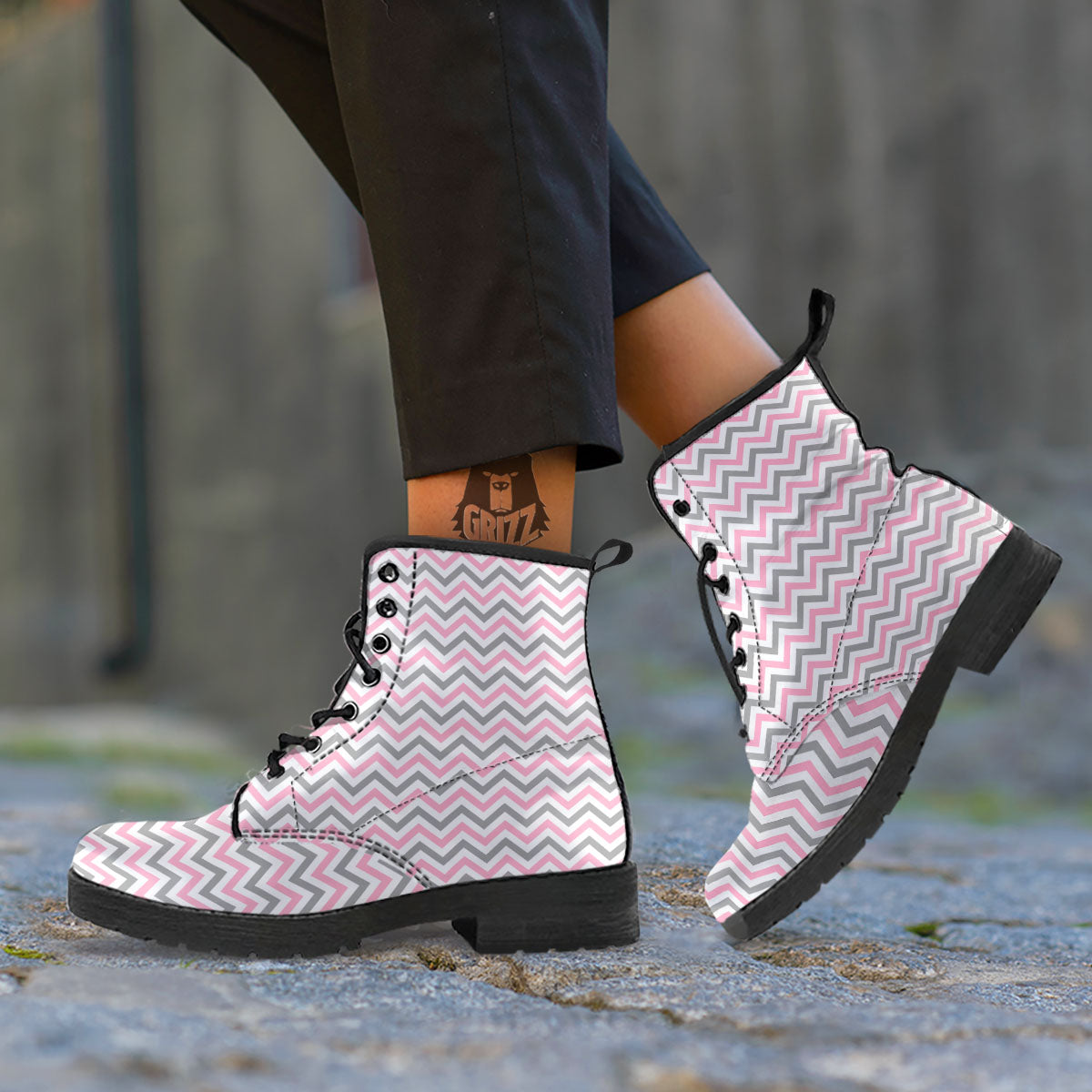 White Pink And Grey Chevron Print Leather Boots-grizzshop