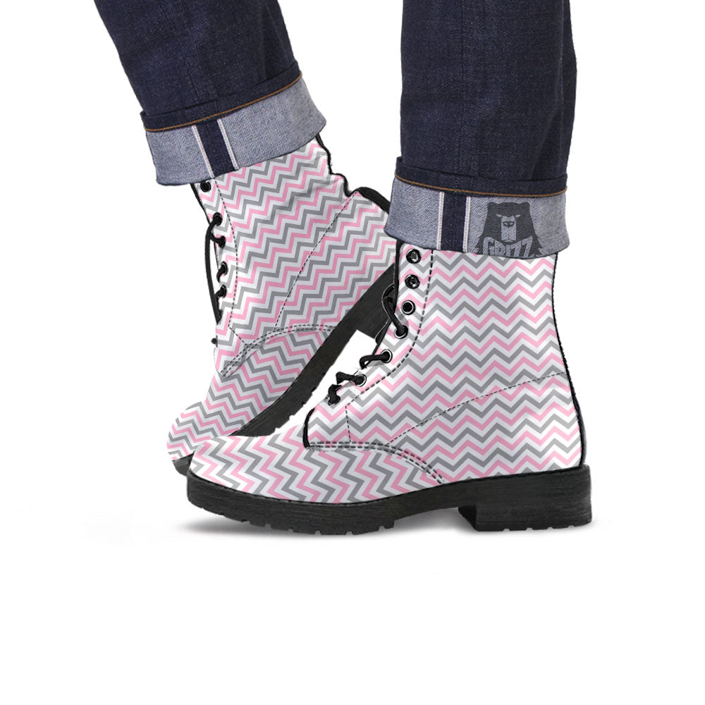 White Pink And Grey Chevron Print Leather Boots-grizzshop