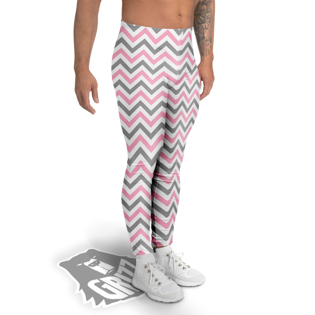 White Pink And Grey Chevron Print Men's Leggings-grizzshop