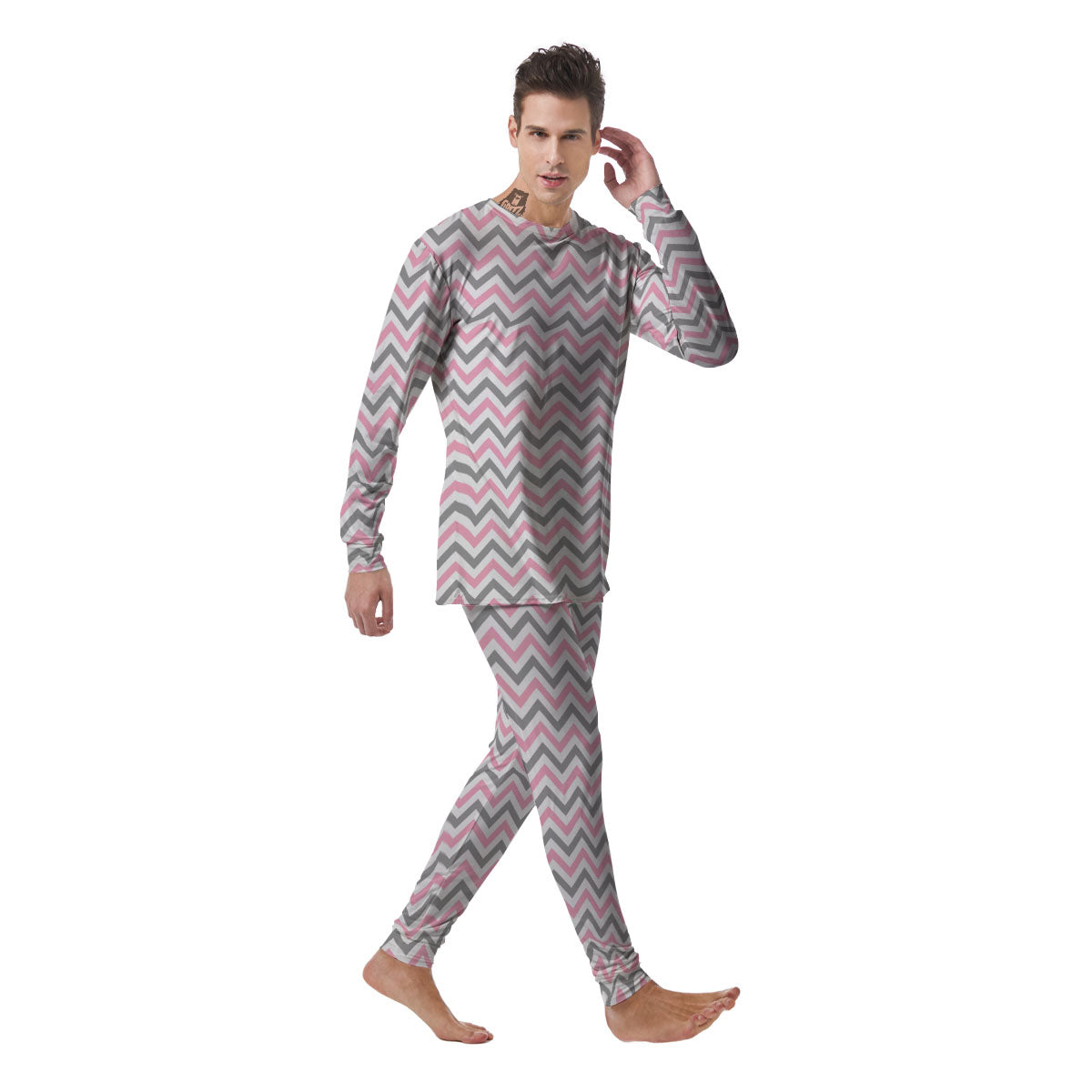 White Pink And Grey Chevron Print Men's Pajamas-grizzshop