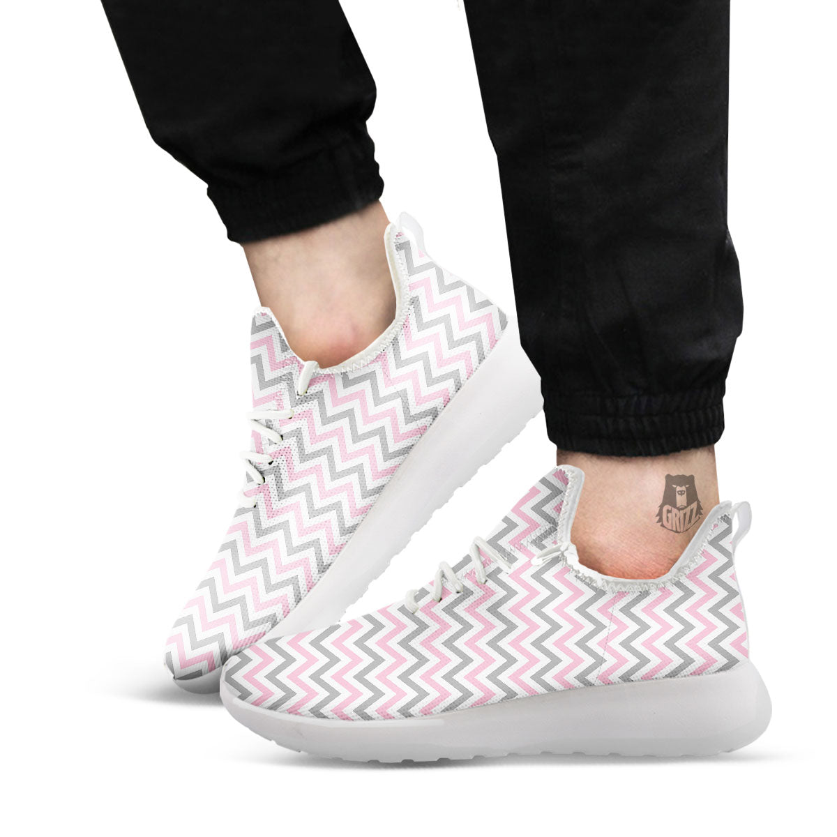 White Pink And Grey Chevron Print White Athletic Shoes-grizzshop