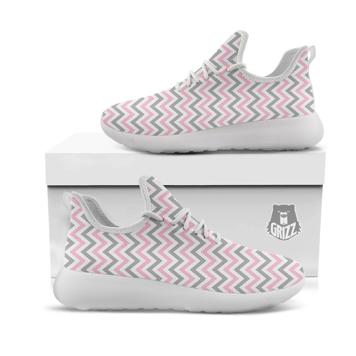 White Pink And Grey Chevron Print White Athletic Shoes-grizzshop
