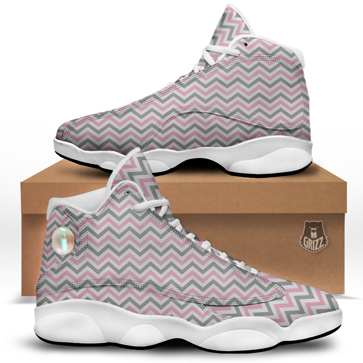 White Pink And Grey Chevron Print White Basketball Shoes-grizzshop