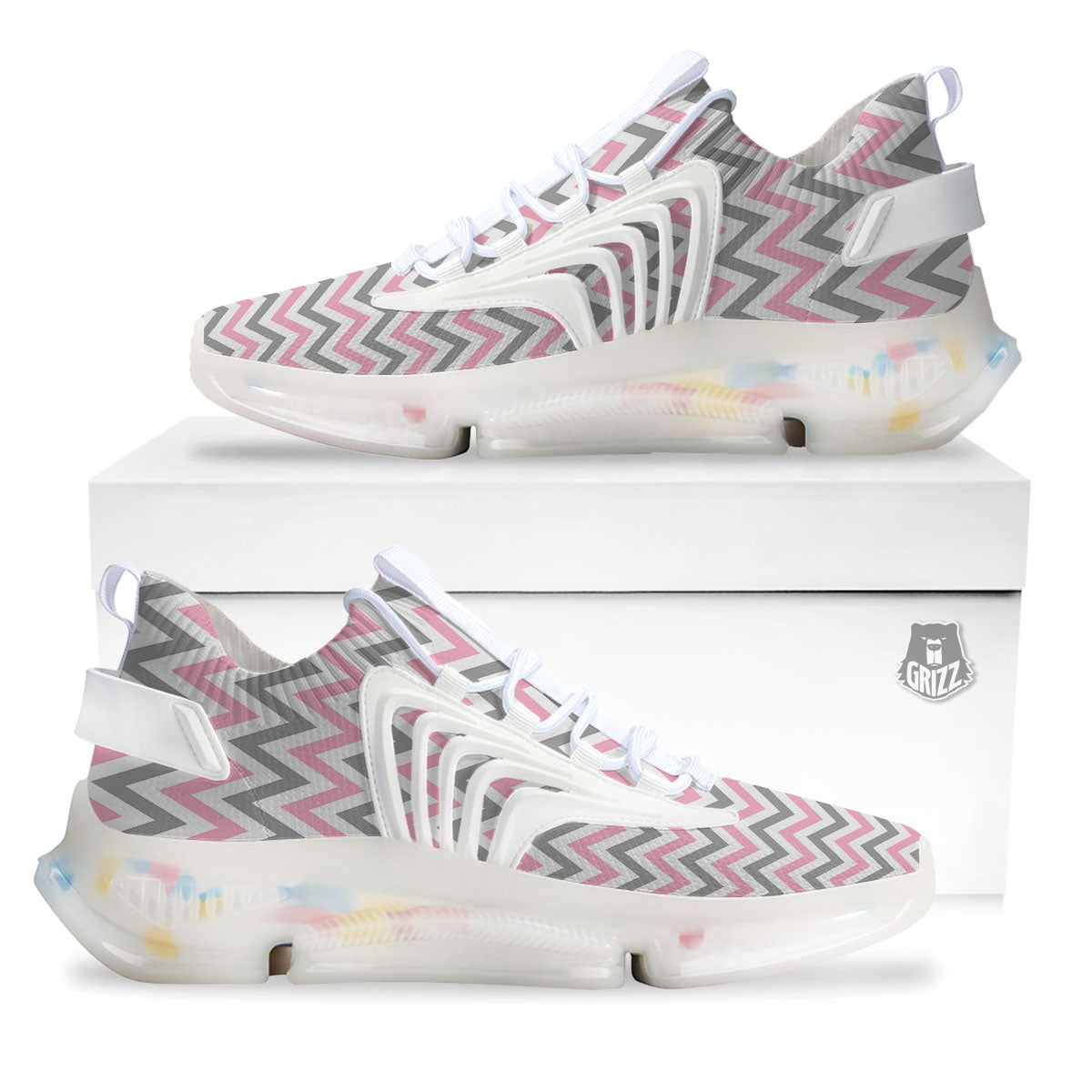 White Pink And Grey Chevron Print White Gym Shoes-grizzshop