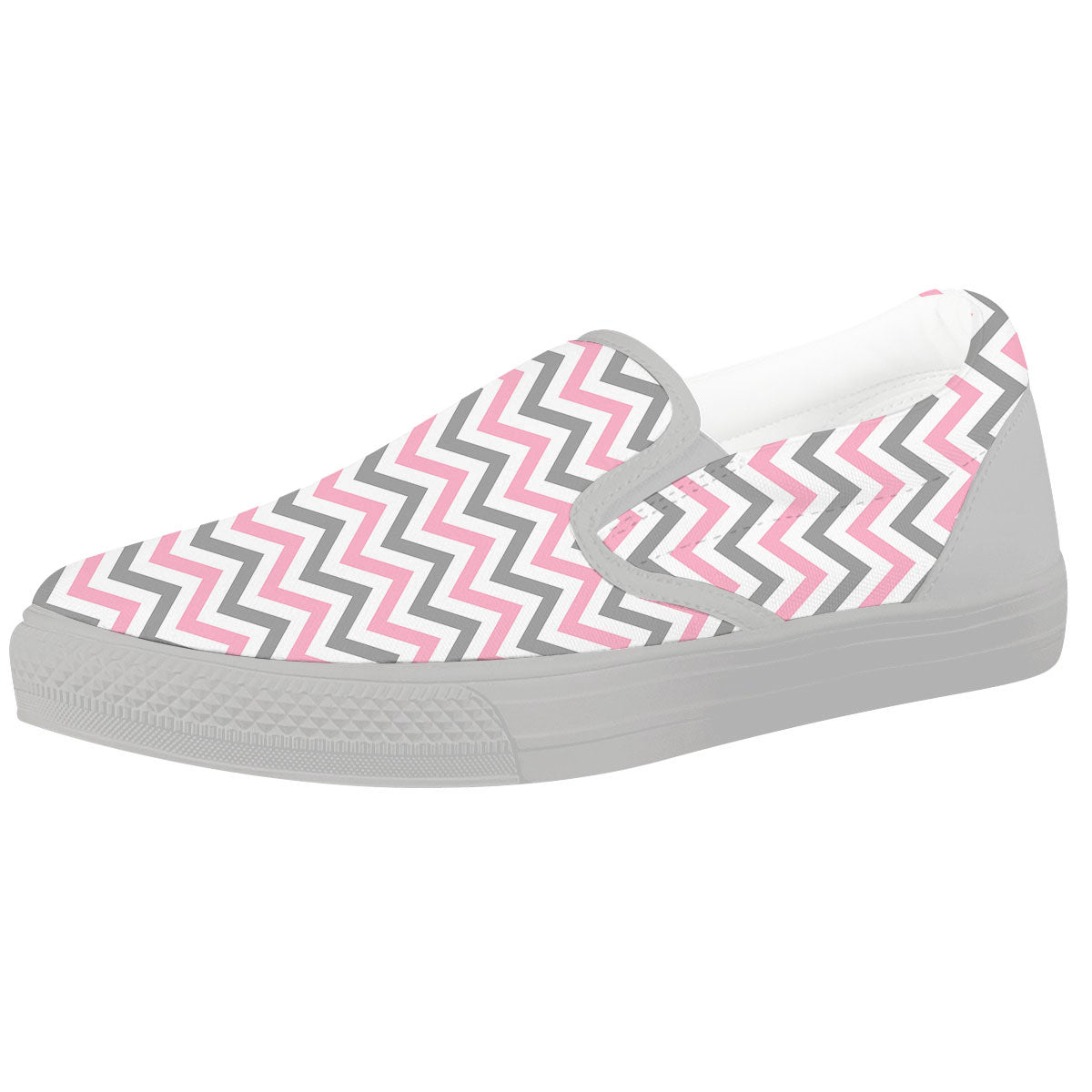White Pink And Grey Chevron Print White Slip On Shoes-grizzshop