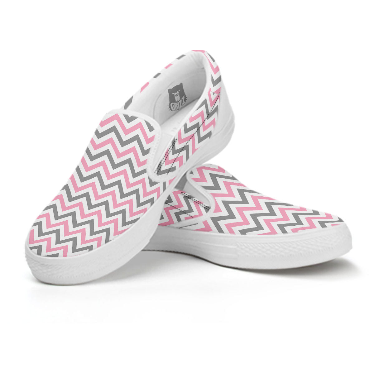 White Pink And Grey Chevron Print White Slip On Shoes-grizzshop