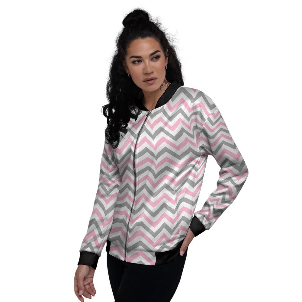 White Pink And Grey Chevron Print Women's Bomber Jacket-grizzshop