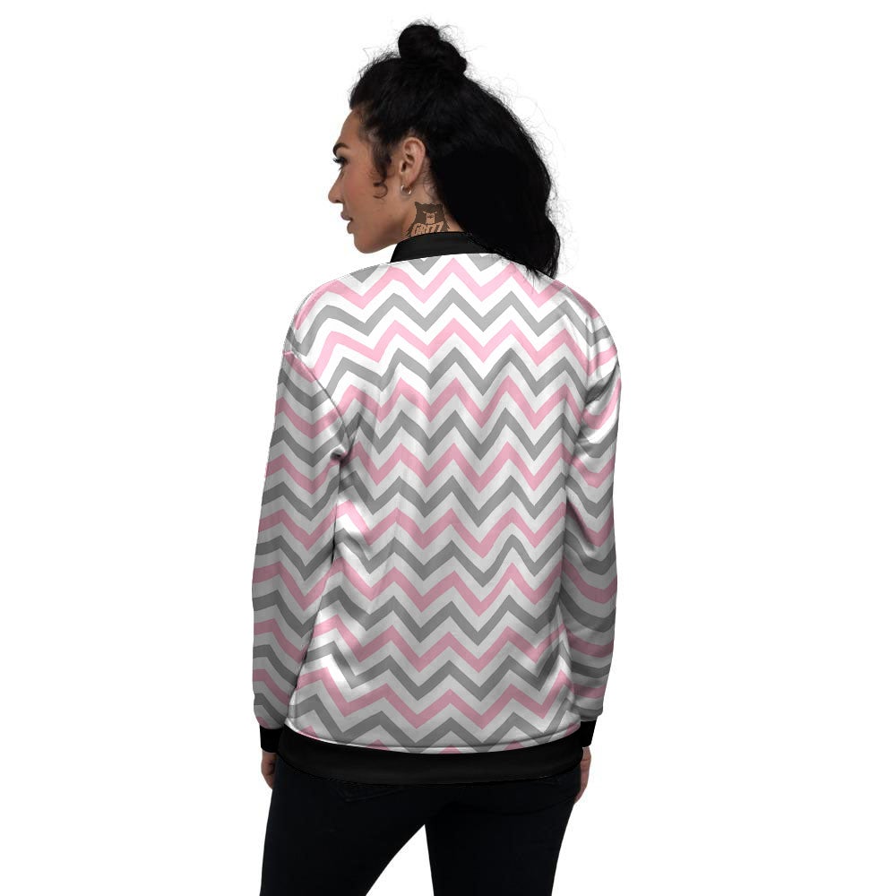 White Pink And Grey Chevron Print Women's Bomber Jacket-grizzshop