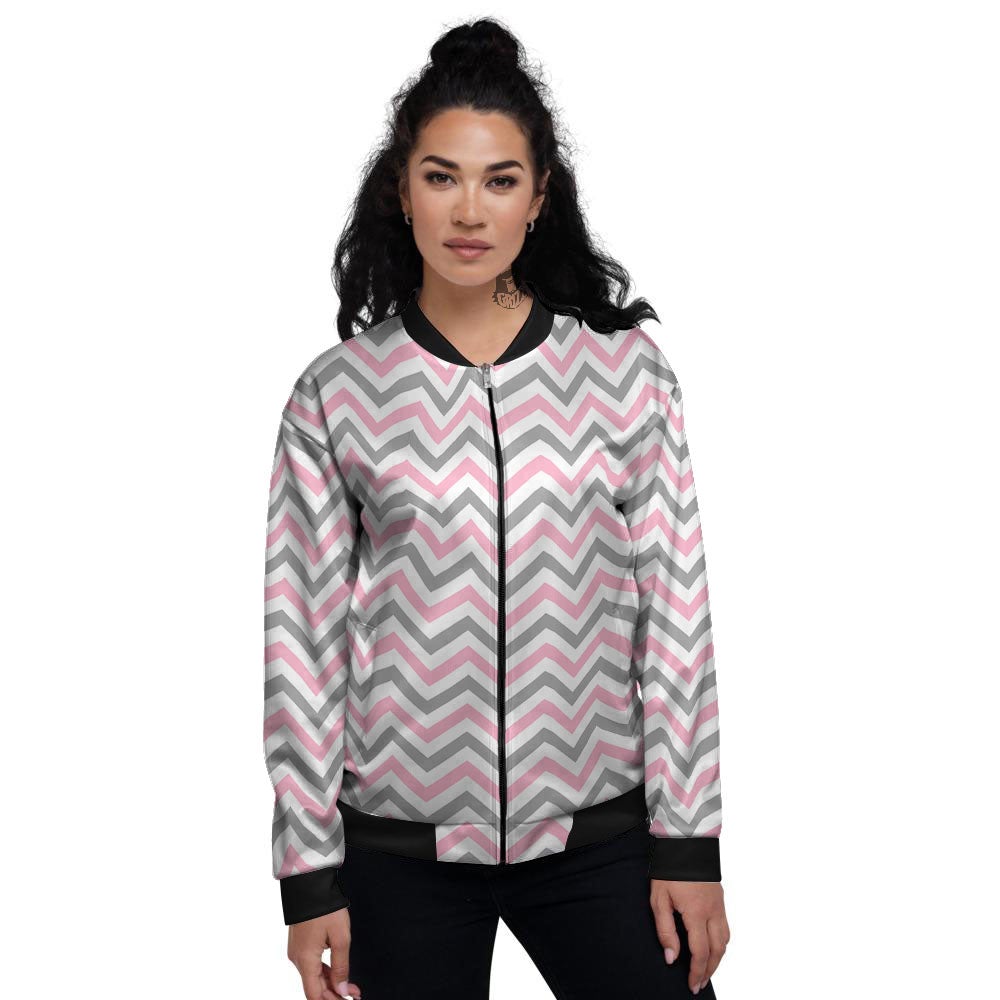 White Pink And Grey Chevron Print Women's Bomber Jacket-grizzshop