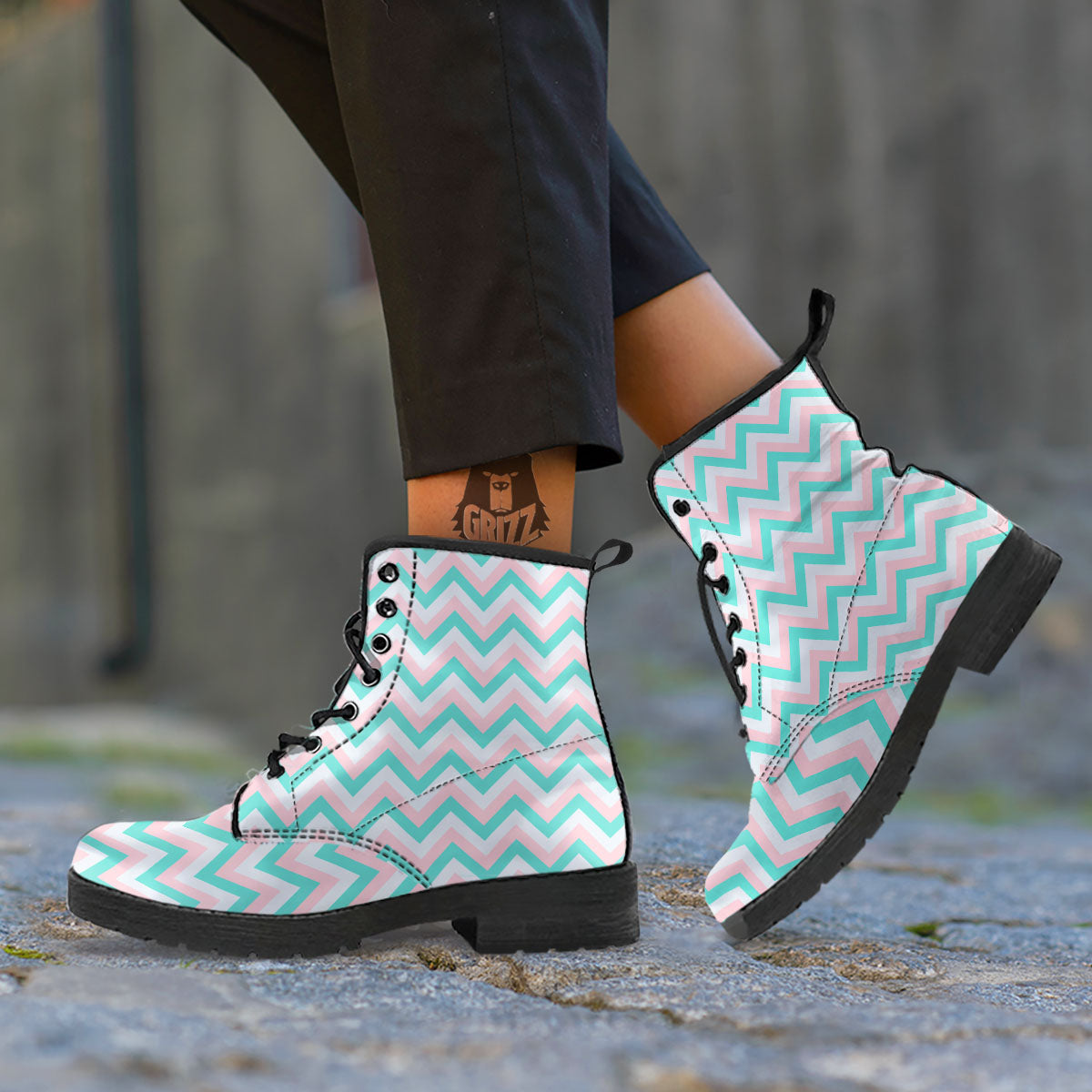 White Pink And Navy Chevron Print Leather Boots-grizzshop