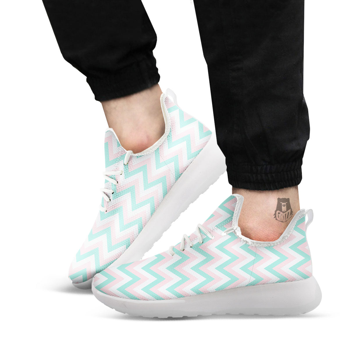 White Pink And Navy Chevron Print White Athletic Shoes-grizzshop