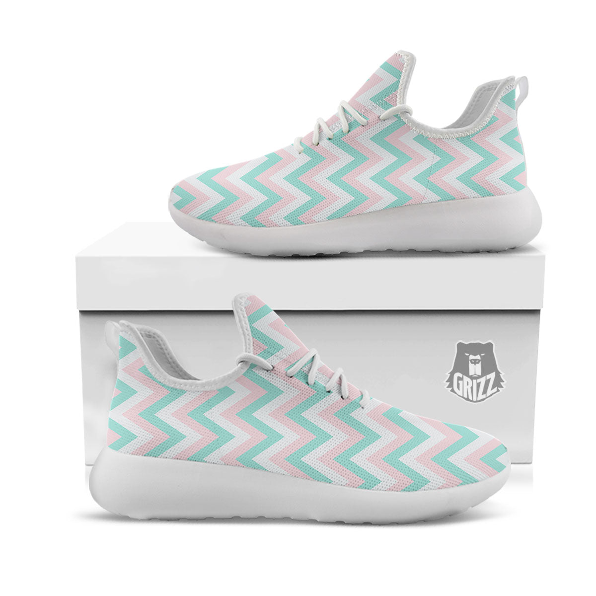 White Pink And Navy Chevron Print White Athletic Shoes-grizzshop
