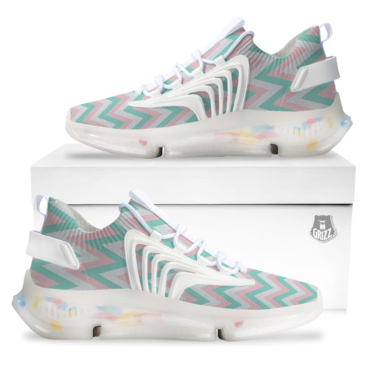 White Pink And Navy Chevron Print White Gym Shoes-grizzshop