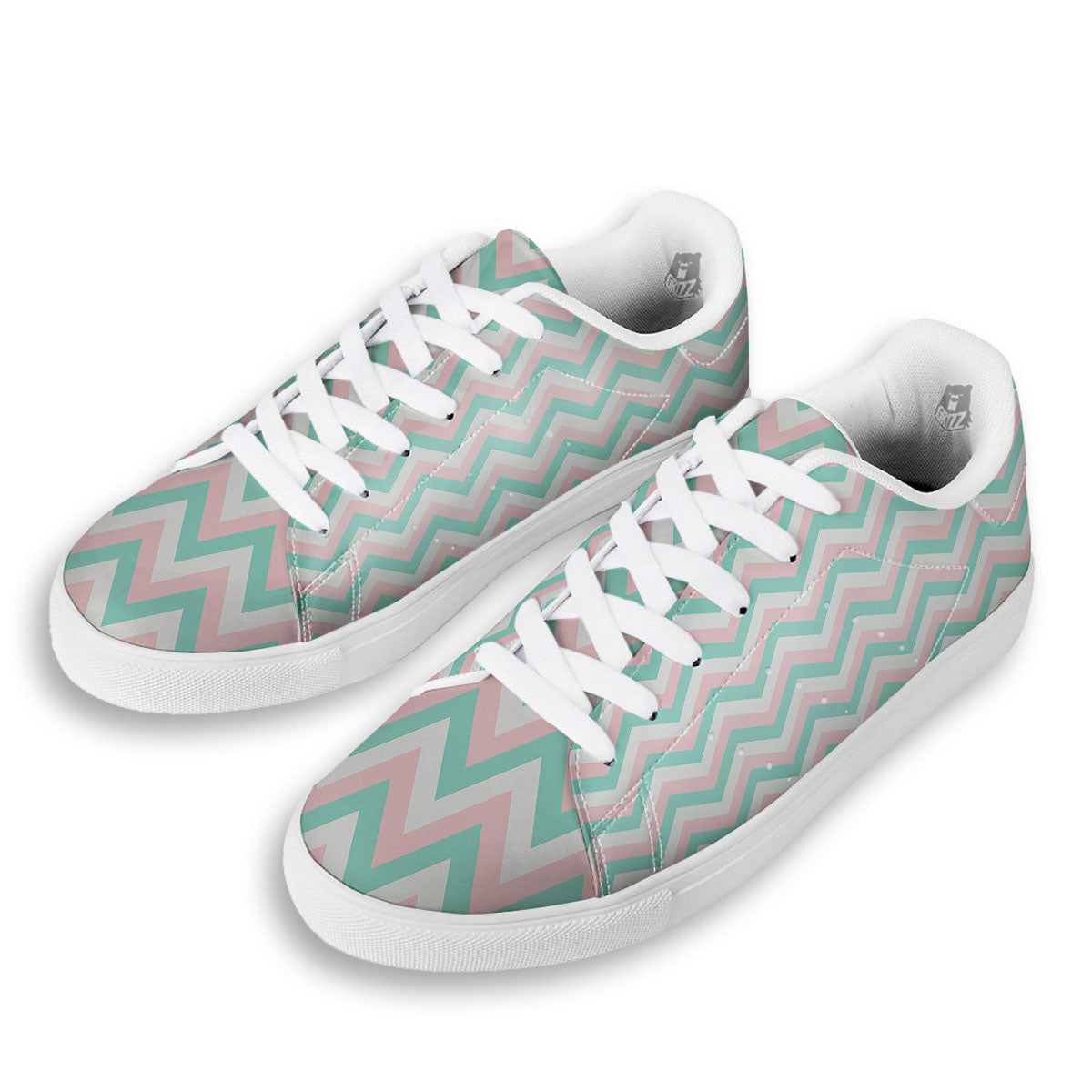 White Pink And Navy Chevron Print White Low Top Sneakers-grizzshop