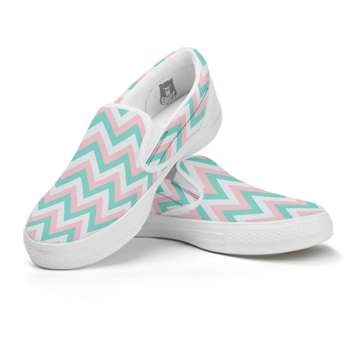 White Pink And Navy Chevron Print White Slip On Shoes-grizzshop