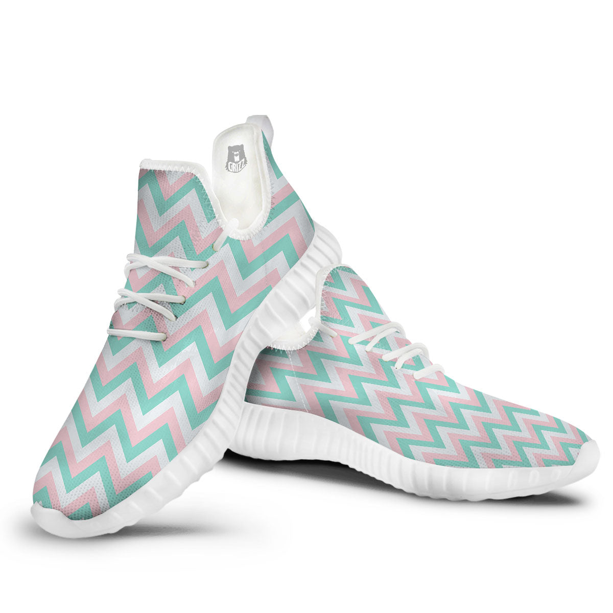 White Pink And Navy Chevron Print White Walking Shoes-grizzshop