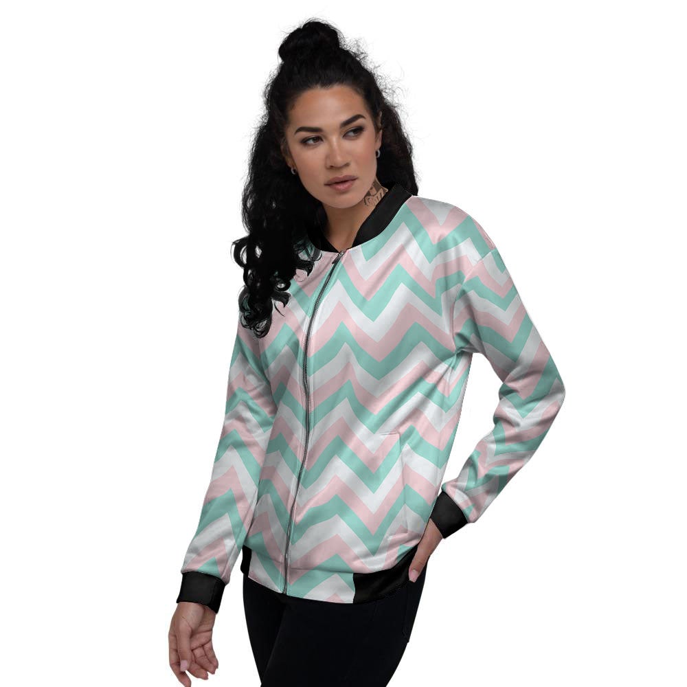 White Pink And Navy Chevron Print Women's Bomber Jacket-grizzshop