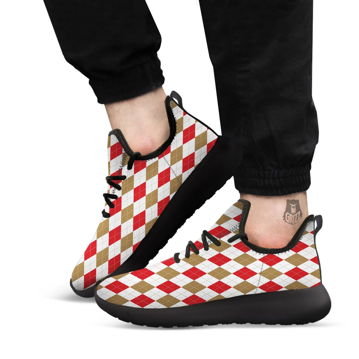 White Red And Beige Argyle Print Pattern Black Athletic Shoes-grizzshop